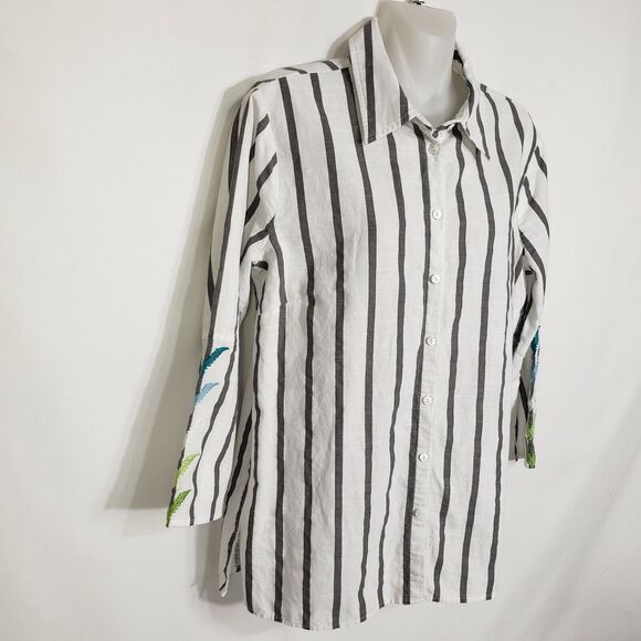 Sharon Young Womens Top Small Gray Striped 100% Linen Embroidered Button Up 3/4 - Picture 5 of 10
